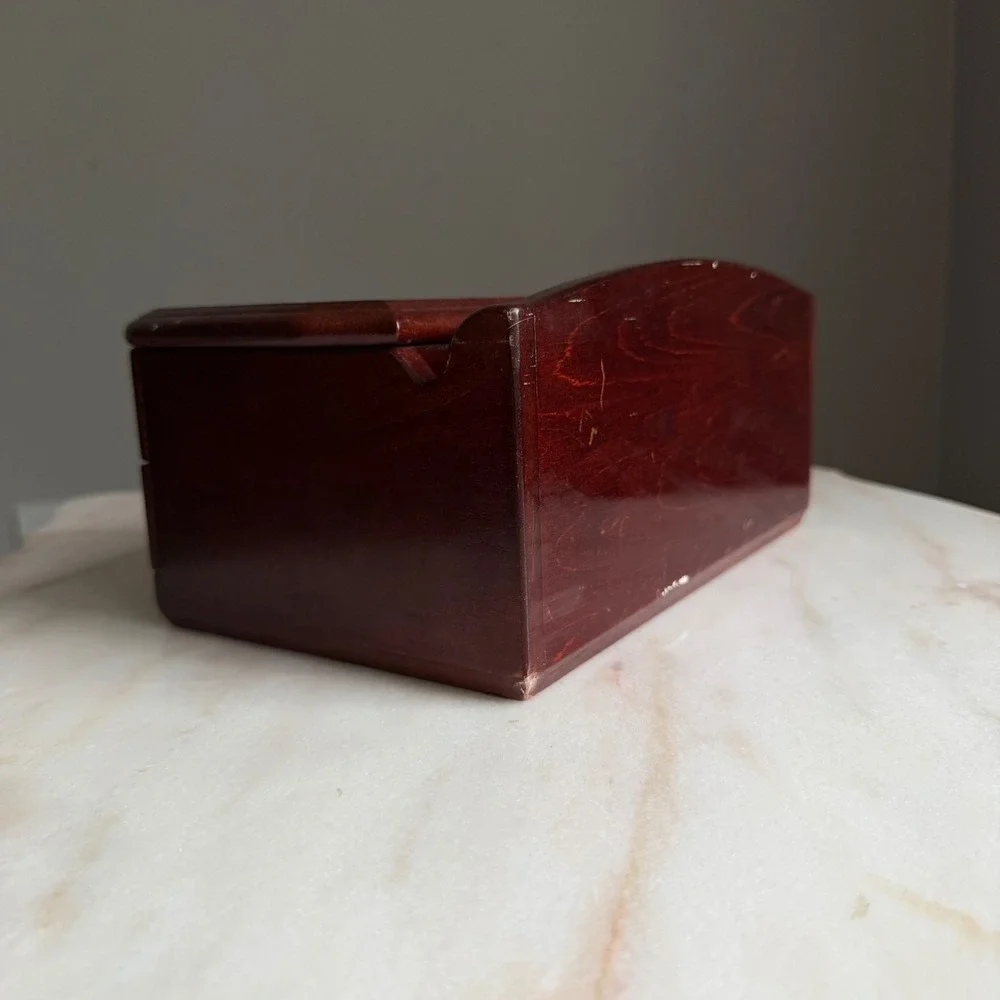 Vintage Cherry Wood Jewelry Box Mirror Green Velvet Lining Drawer Gold Hardware